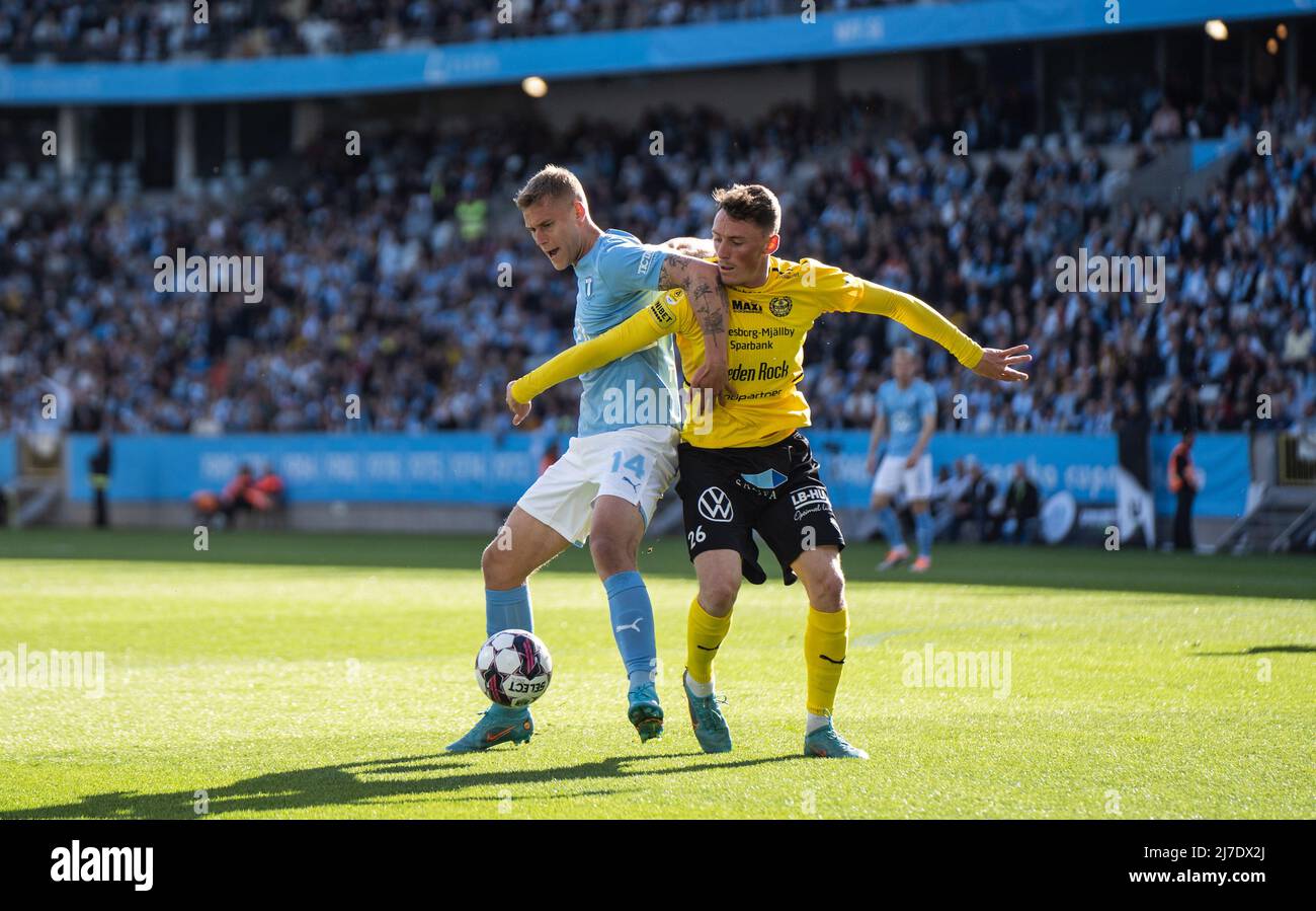 Malmoe, Sweden. 07th, May 2022. Felix Beijmo (14) of Malmoe FF and Noah Persson (26) of Mjallby seen during the Allsvenskan match between Malmoe FF and Mjallby at Eleda Stadion in Malmoe. (Photo credit: Gonzales Photo - Joe Miller). Stock Photo