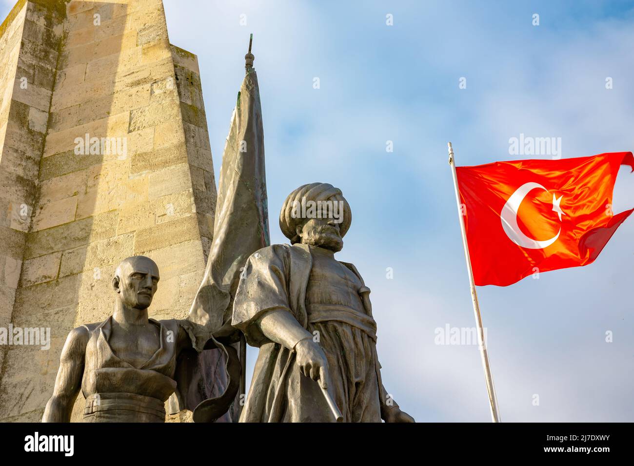Monument of Barbaros Hayreddin Pasa in Besiktas Istanbul. Barbarossa or Barbaros Hayrettin Pasha statue with Turkish Flag. Ottoman Navy. Preveze Savas Stock Photo