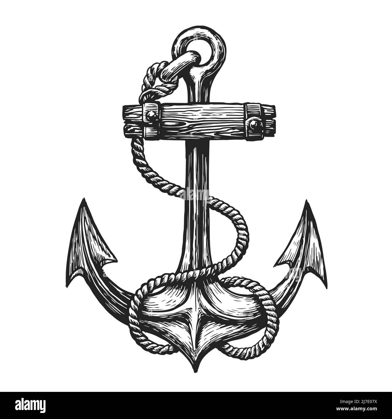 Vintage anchor with rope drawn in engraving style. Hand drawn seafaring symbol. Vector illustration Stock Vector