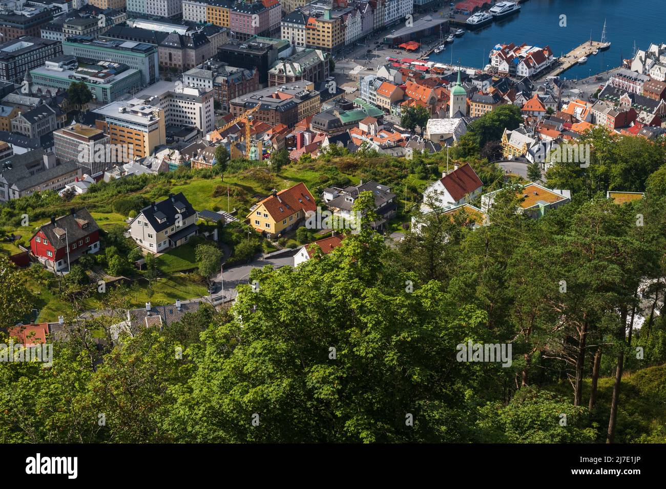 View of Bergen city center, fish market and the harbour of Bergen with