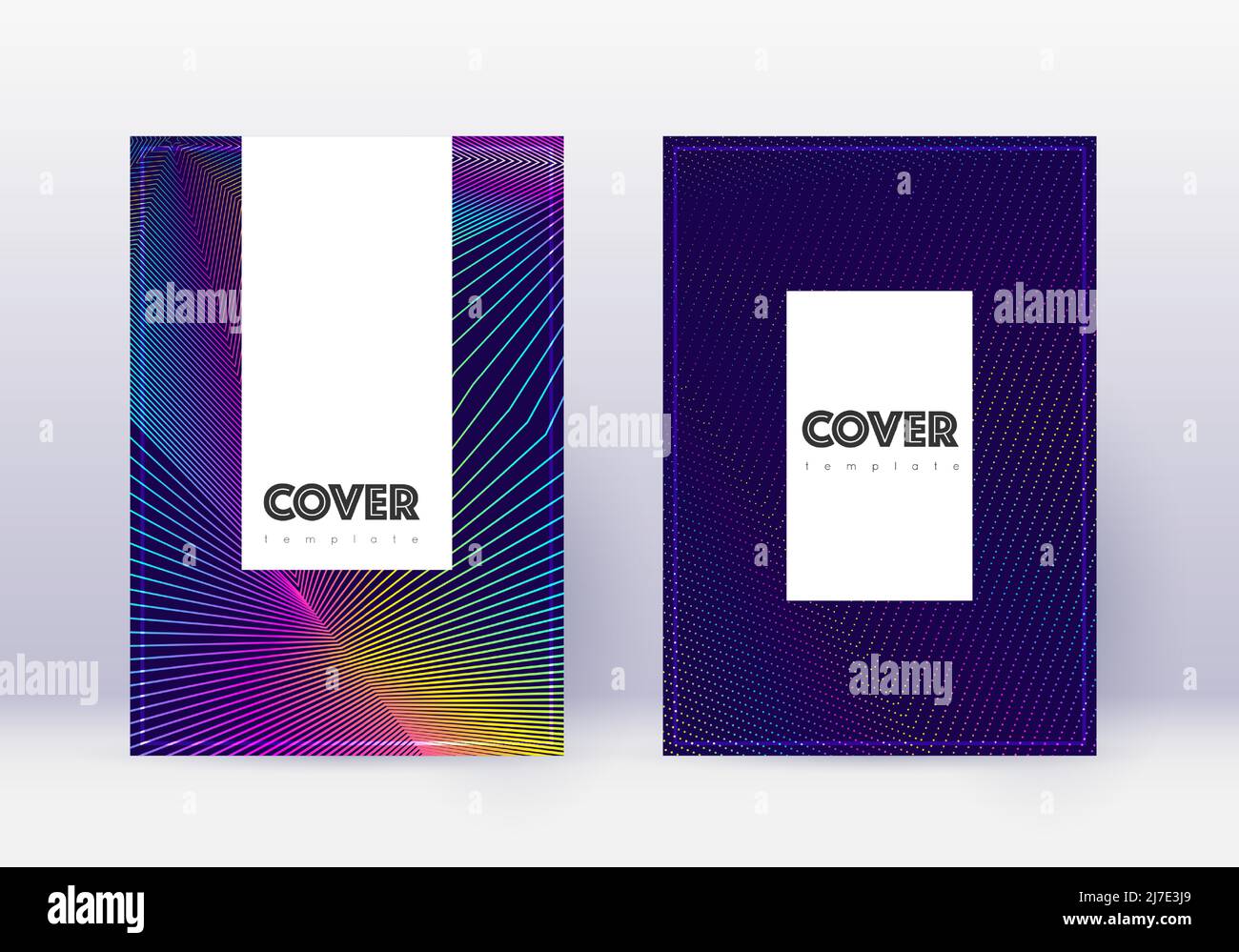Hipster cover design template set. Rainbow abstract lines on dark blue