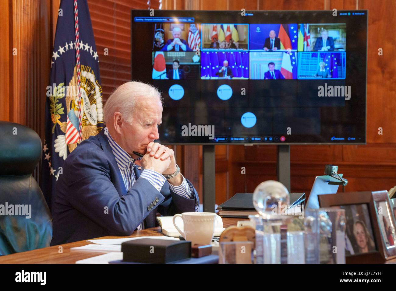 Greenville, United States. 08 May, 2022. U.S. President Joe Biden listens during the Group of Seven video conference from his private residence, May 8, 2022 in Greenville, Delaware.  Credit: Adam Schultz/White House Photo/Alamy Live News Stock Photo