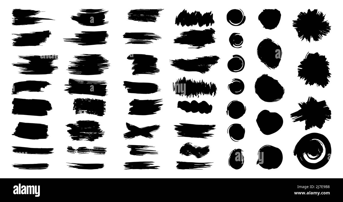 Brush strokes black text boxes set. Paintbrush, templates for cards. Grunge design elements and painted objects. Dirty distress texture banners and lines. Ink splatters for advertising. Vector Stock Vector