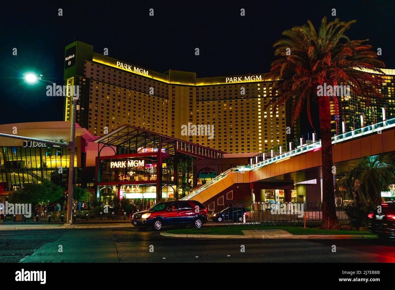 Las Vegas, Nevada, USA - May 4, 2022.  Las Vegas Strip at night. Street view, hotels, traffic, city life. Park MGM hotel and casino in the center of L Stock Photo