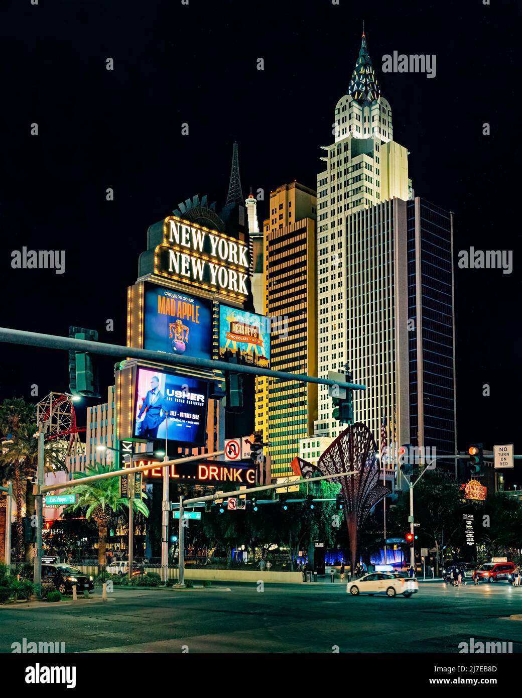 Las Vegas, Nevada, USA - May 4, 2022.  Las Vegas Strip at night. Street view, hotels, traffic, city life. New York-New York Hotel and Casino in the ce Stock Photo