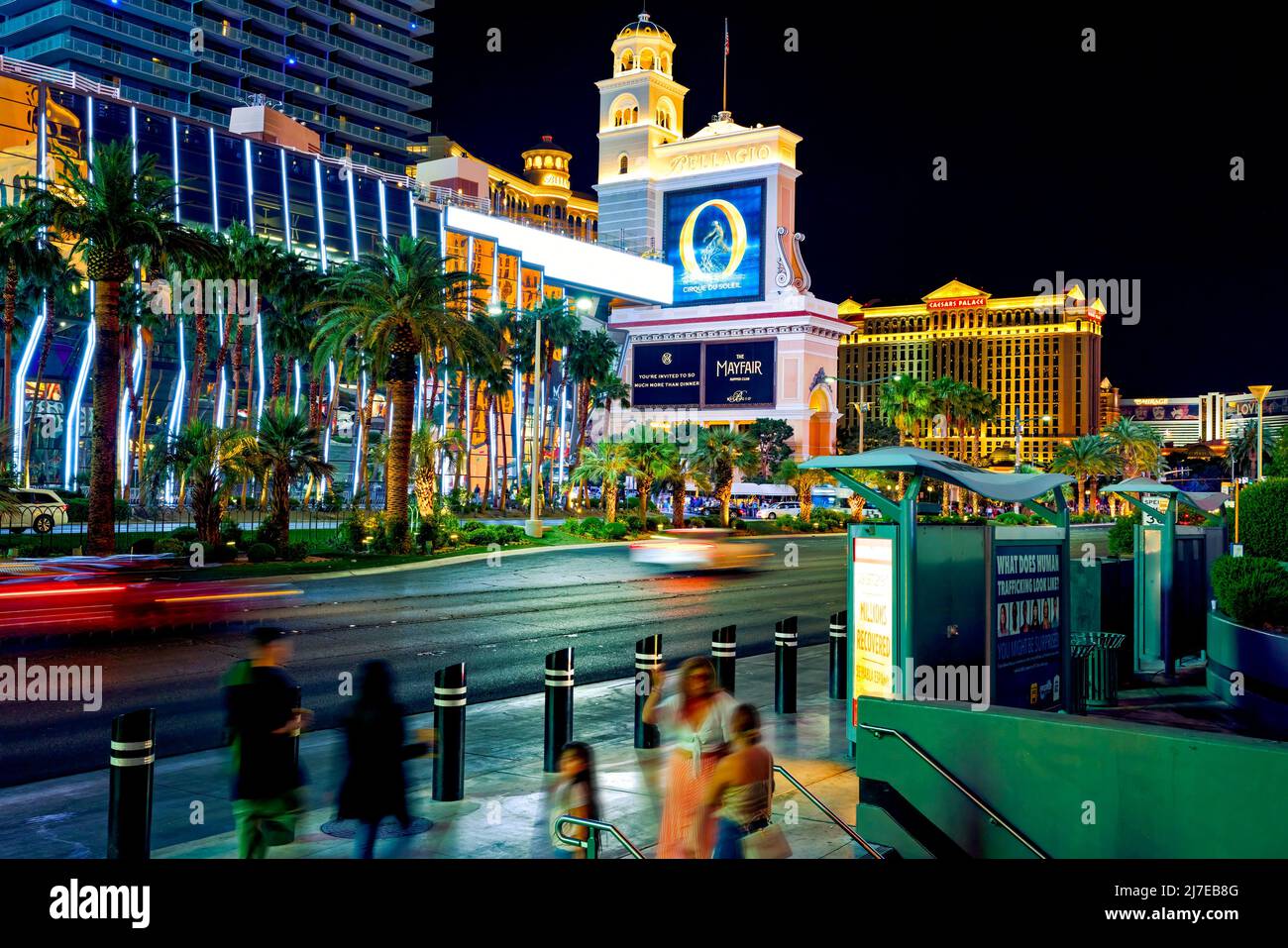 Las Vegas, Nevada, USA - May 4, 2022.  Las Vegas Strip at night. Street view, hotels, traffic, city life. Bellagio Luxury Resort and Casino in the hea Stock Photo