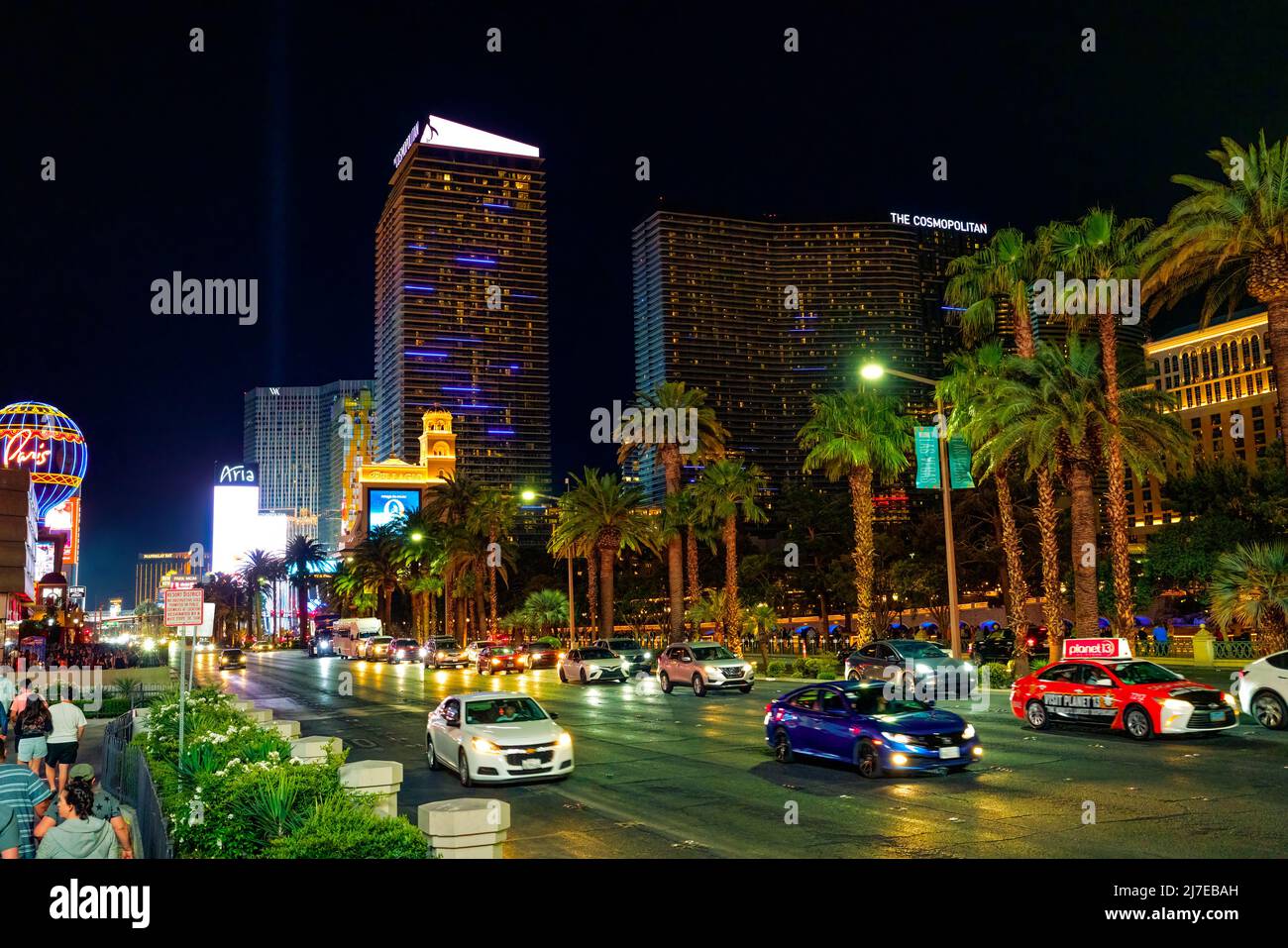 Las Vegas, Nevada, USA - May 4, 2022.  Las Vegas Strip at night. Street view, hotels and casinos, traffic, people, city life. Stock Photo