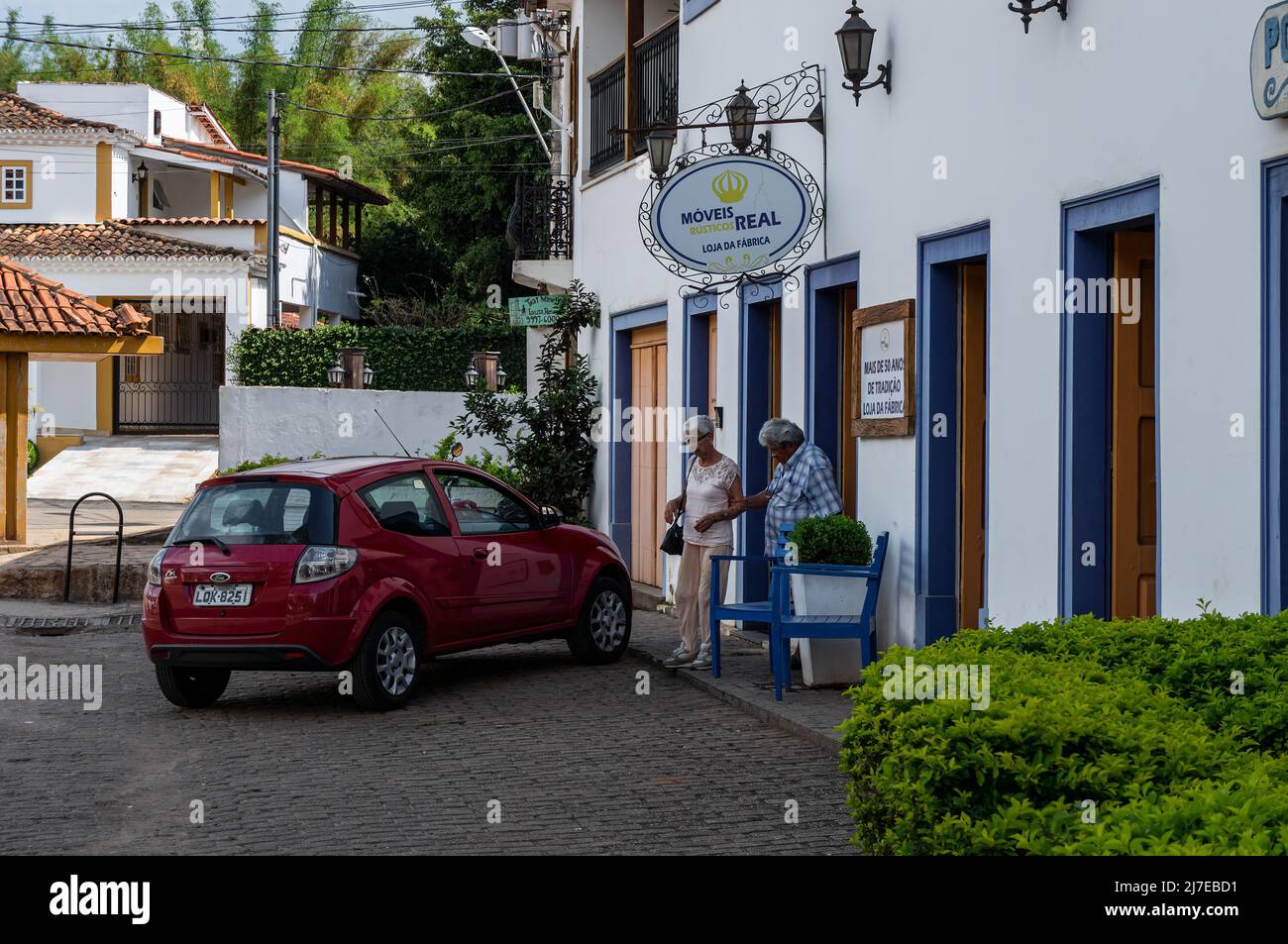 Facade and entrance of Real rustic furniture store, a small local business located at Antonio Teixeira Carvalho street, nearby historical center. Stock Photo