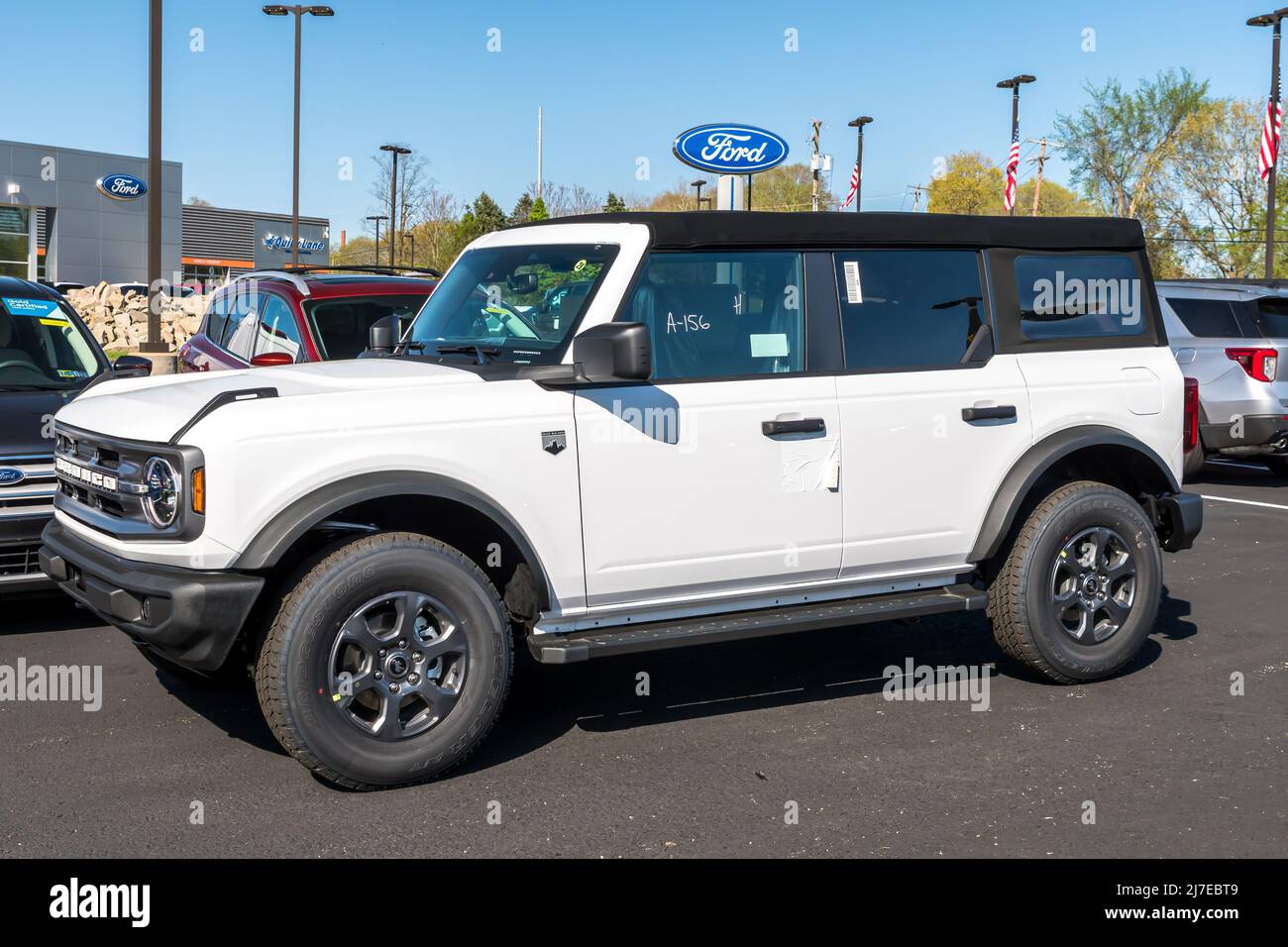 A new white Ford Bronco SUV for sale at a dealership in Harmar Township