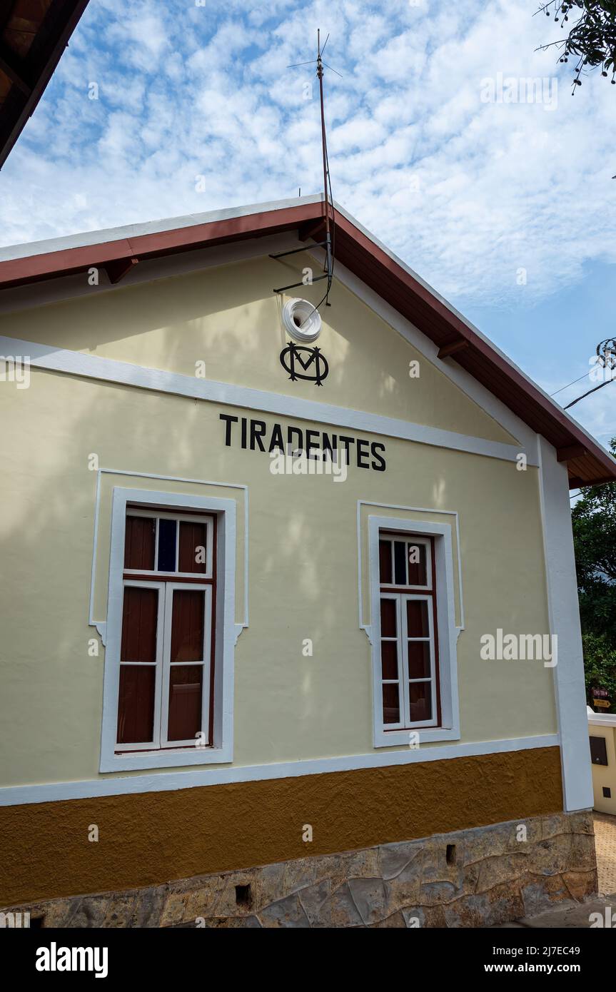 Facade of the colonial Tiradentes train station in early morning. Station located at Praca da Estacao square in the outskirts of Tiradentes village. Stock Photo