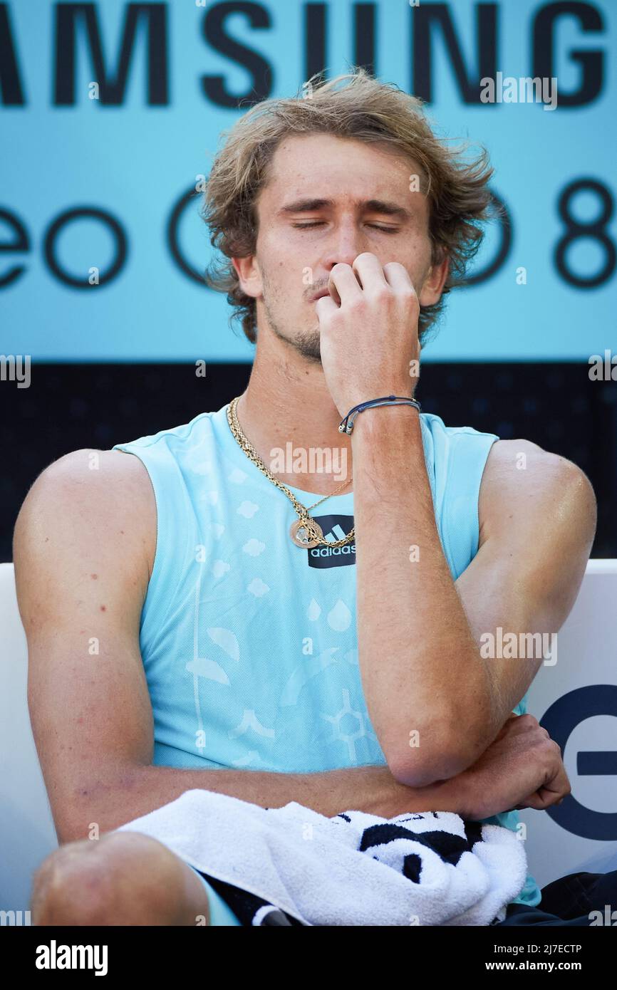 MADRID, May 9, 2022 (Xinhua) -- Alexander Zverev of Germany reacts after the men's singles final against Carlos Alcaraz of Spain at the Madrid Open in Madrid, Spain, May 8, 2022. (Xinhua/Meng Dingbo) Stock Photo