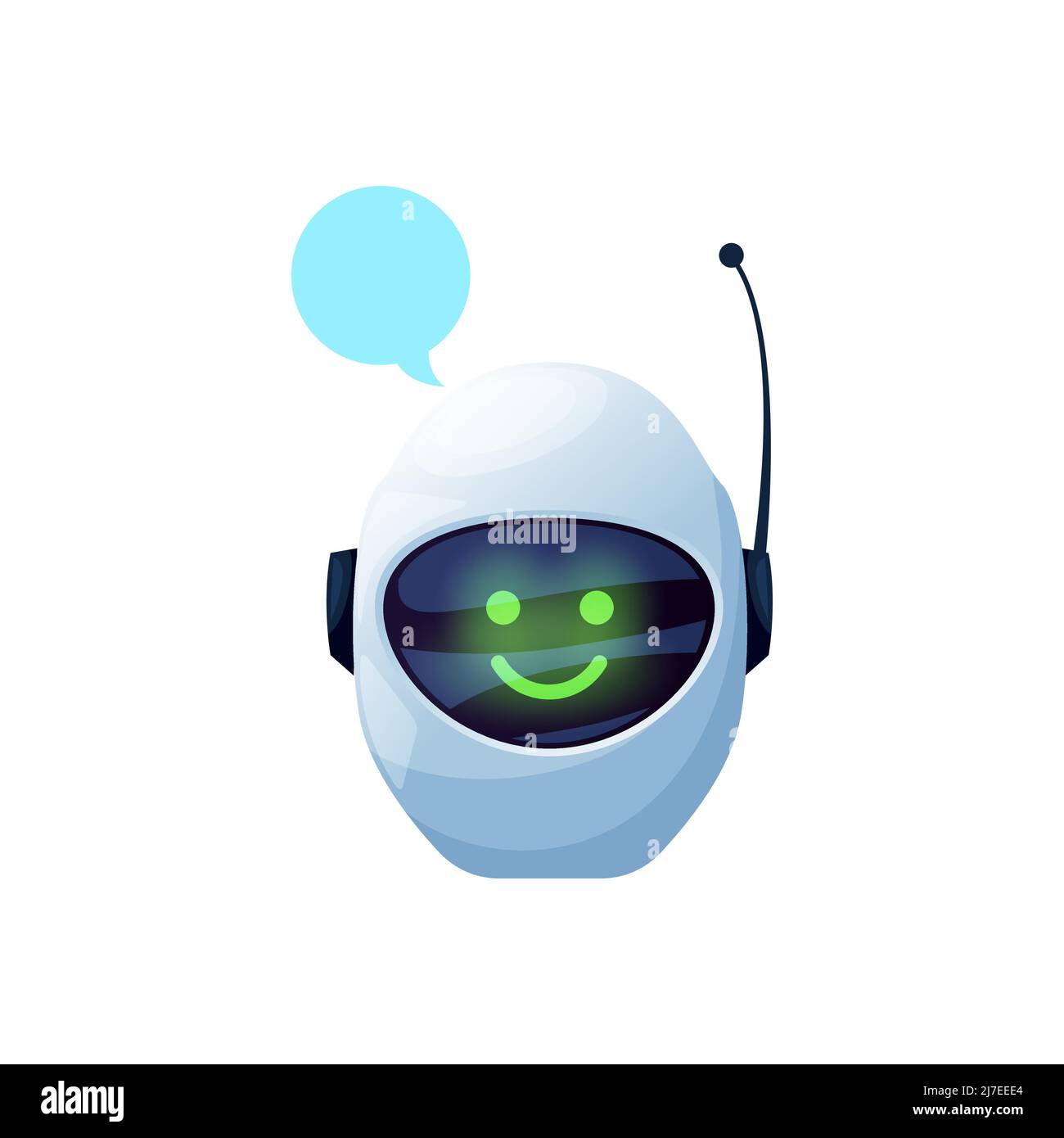 Bot robot or chatbot virtual AI of service support character with antenna  and speech bubble above head. Vector online consultant, chat bot with  smiling face, digital messenger virtual helper Stock Vector Image