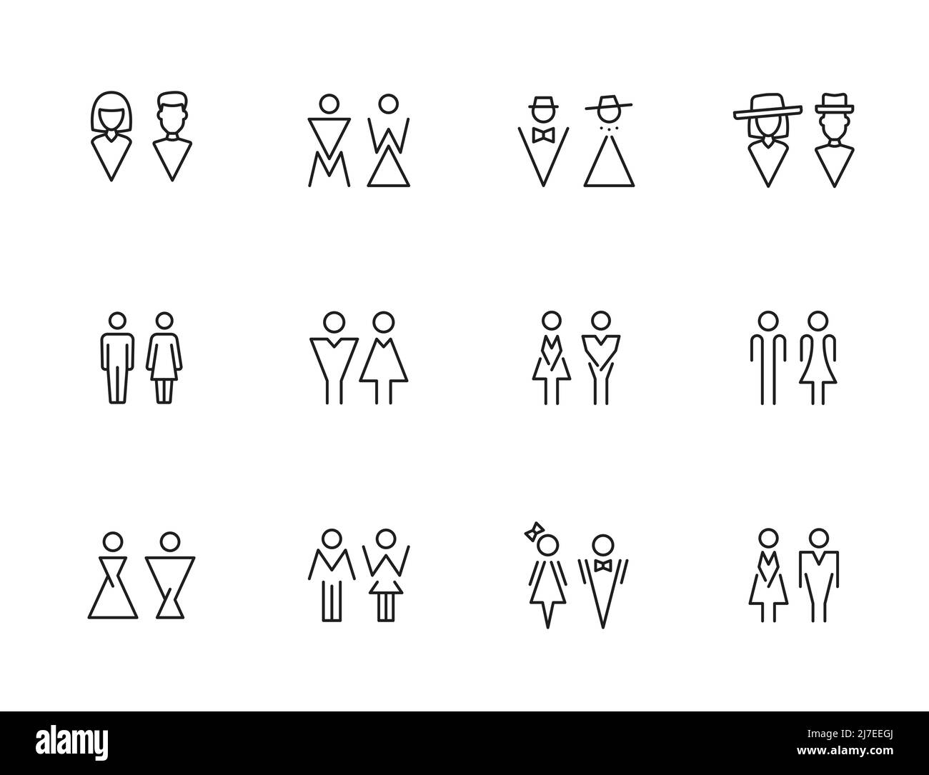 Toilet icons and symbols of male and female restroom. Water closet vector signs of isolated thin line silhouettes of man and woman, lady and gentleman figures for public toilet Stock Vector