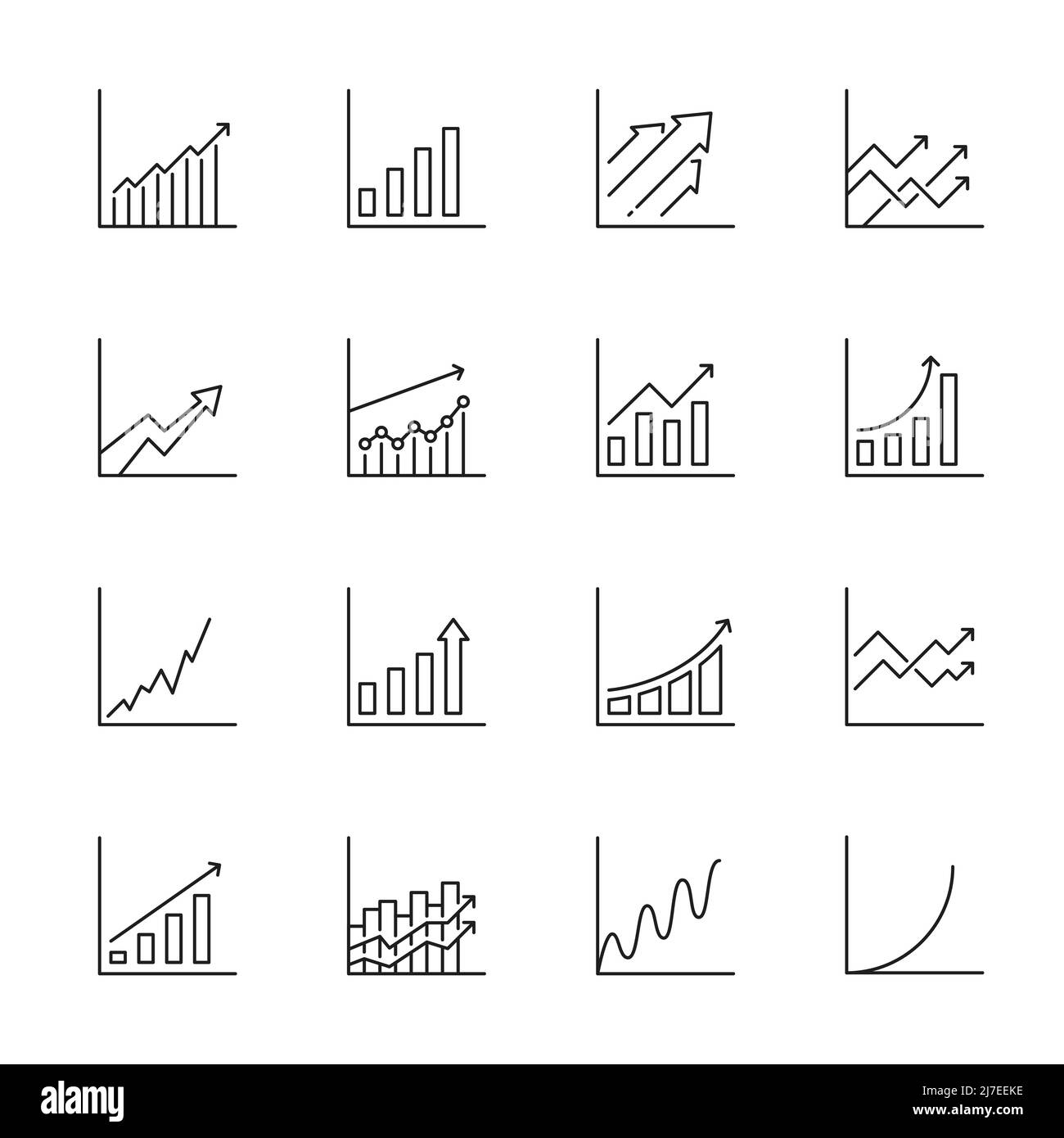 Graph, chart and bar growth icons with increase arrow. Vector line charts and bar graphs with growing data graphics. Business, finance and economy statistic information presentation, profit report Stock Vector