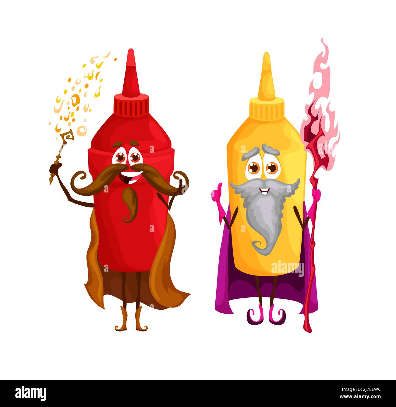 Cartoon ketchup and mustard mage or wizard characters. Cheerful fast food sauces sorcerers