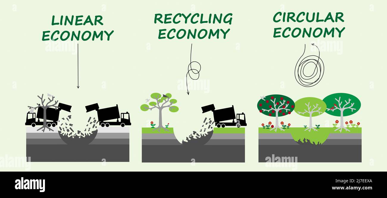 Linear, Recycling and Circular Economy illustrated using landfill