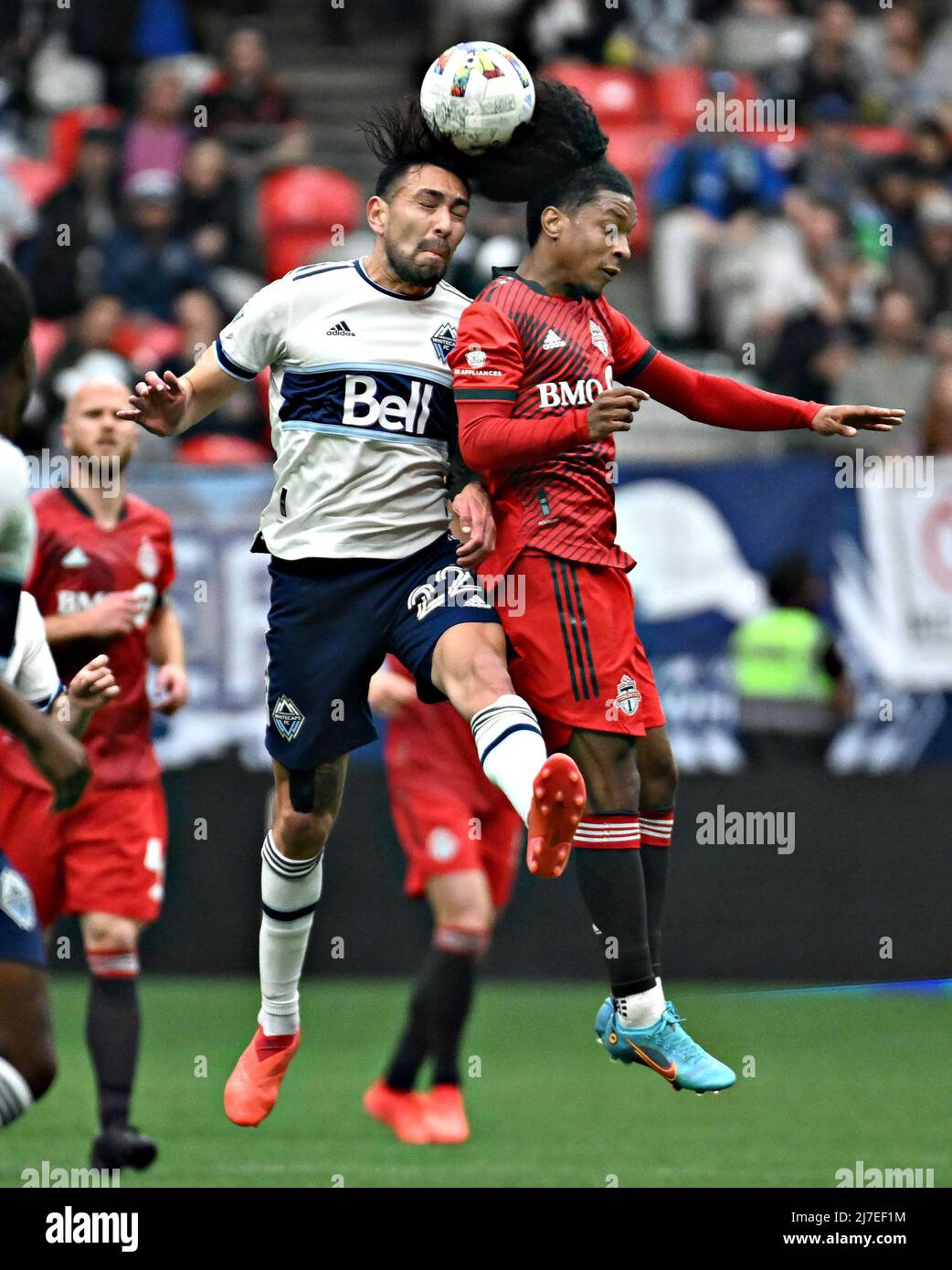 VANCOUVER, May 9, 2022 (Xinhua) -- Erik Godoy (L) of Vancouver Whitecaps and Jayden Nelson of Vancouver FC compete during their MLS regular season football match in Vancouver, Canada, May 8, 2022. (Photo by Andrew Soong/Xinhua) Stock Photo