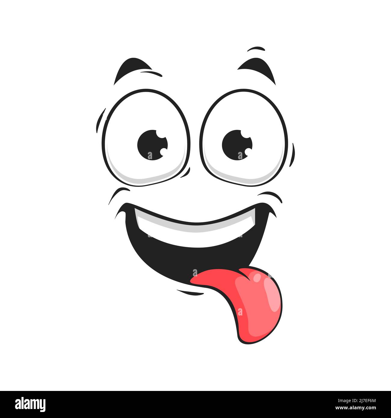Cartoon wow face, happy smile vector emoji with open mouth and long