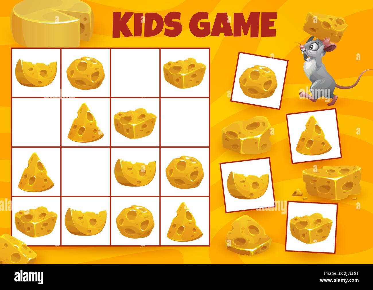 Cartoon cheese. Sudoku maze game worksheet. Kid logical rebus, vector