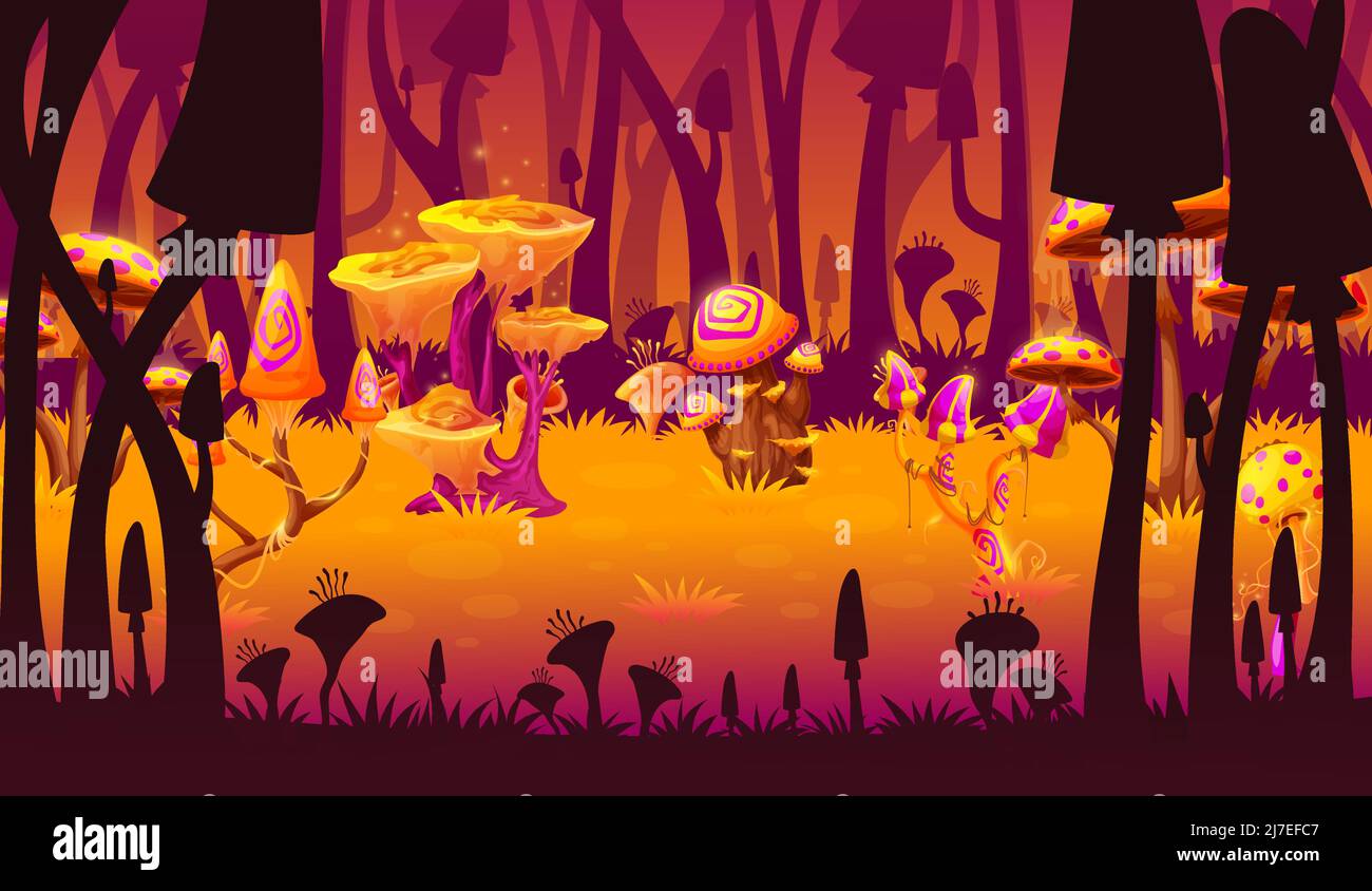 Magic mushrooms fantasy game level landscape, alien forest scene