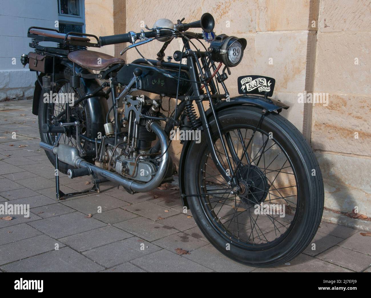 Historic British AJS motorcycle on display at Richmond, Tasmania, Australia Stock Photo