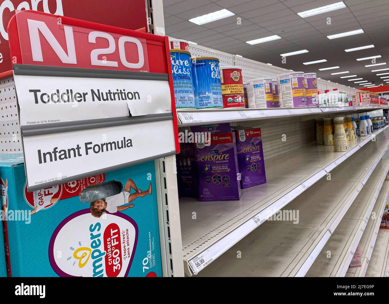 A nearly empty baby formula display shelf is seen at a Target