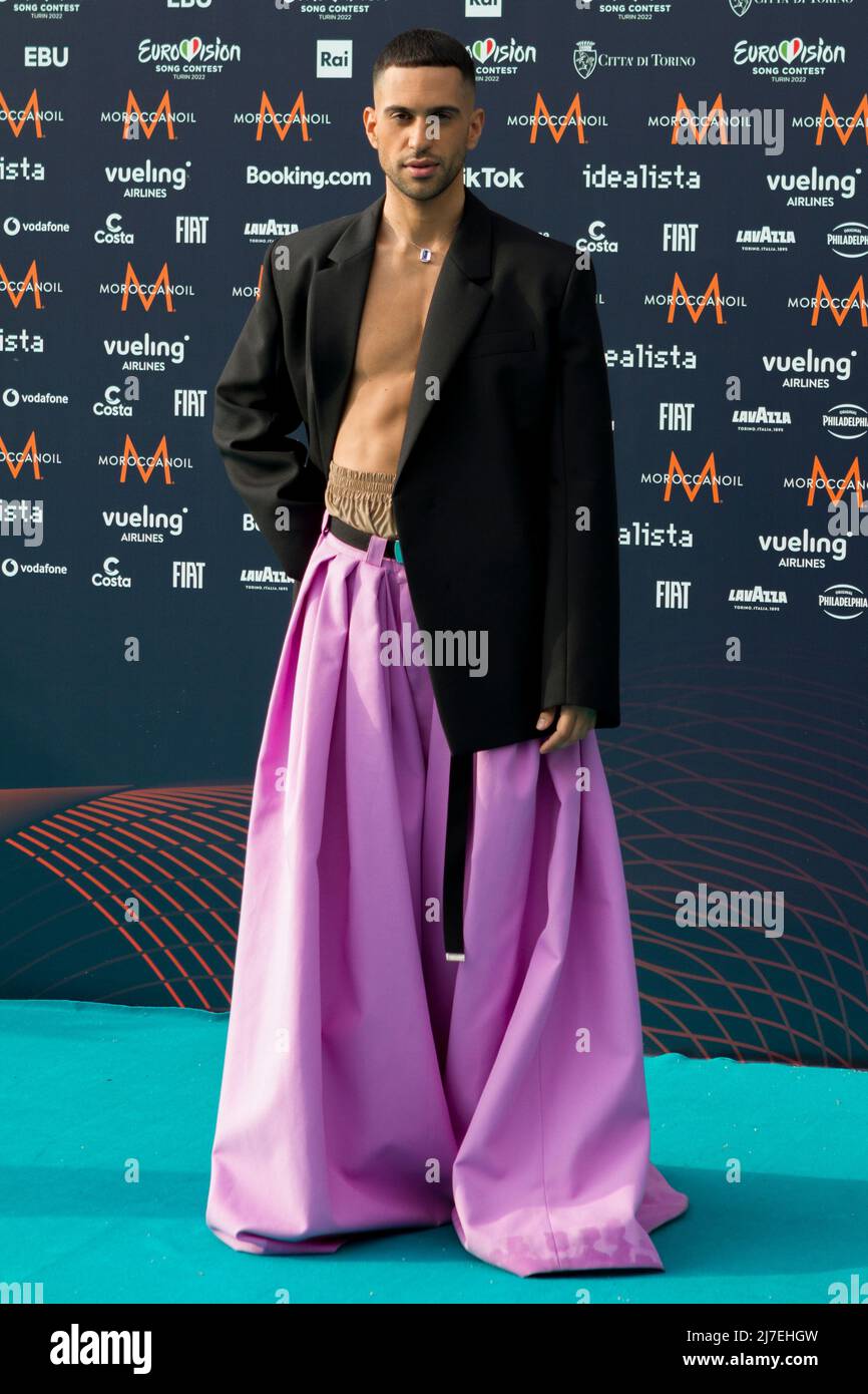 Turin, Italy. 08th May 2022. Italian singer Mahmood on Turquoise Carpet of Eurovision Song Contest Credit: Marco Destefanis/Alamy Live News Stock Photo