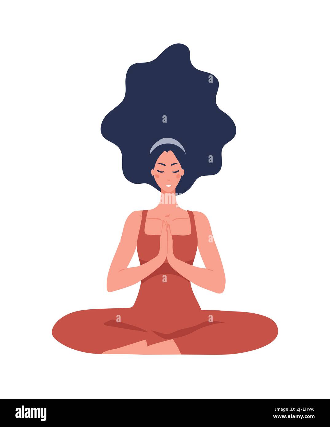 Beautiful yoga girl vector icon. The girl meditates in the lotus position against the background of the sky, grass and a rainbow. Symbol of healthy li Stock Vector