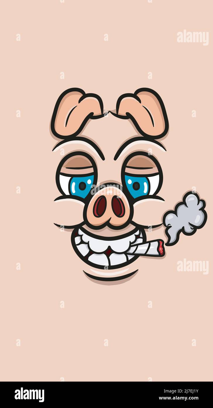 Cartoon Funny Pig Face and Smoking For Background and Wallpaper. Clip Art Vector. Vector and Illustration Stock Vector