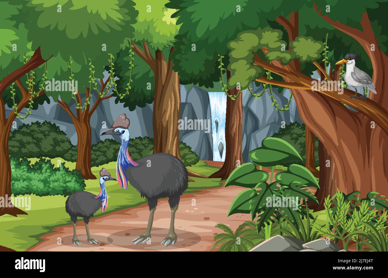 Forest scene with various wild animals illustration Stock Vector