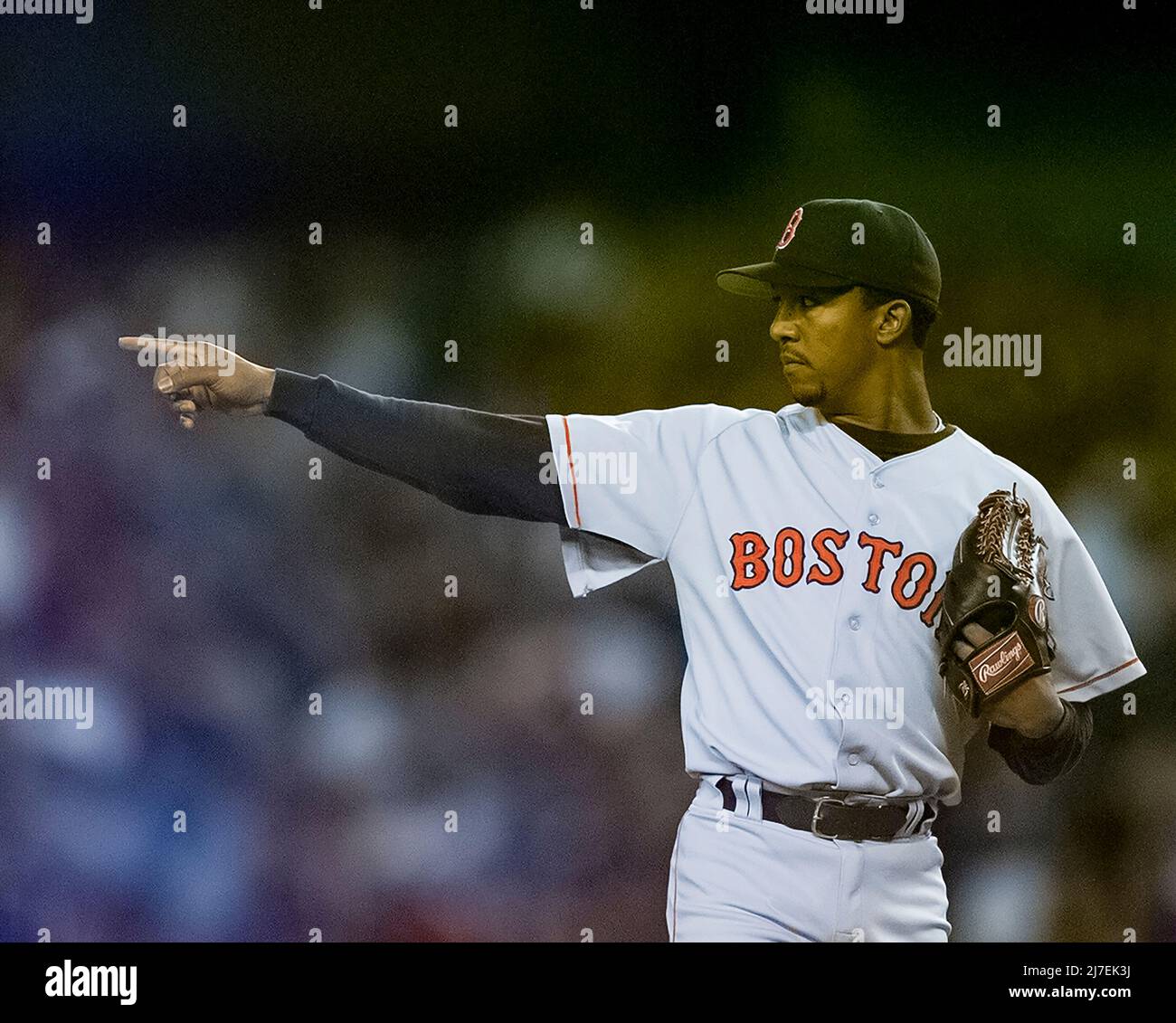 Boston Red Sox pitcher Pedro Martinez points during  a game against the New York Yankees on May 28, 2000 in New York. Photo credit: Francis Specker Stock Photo