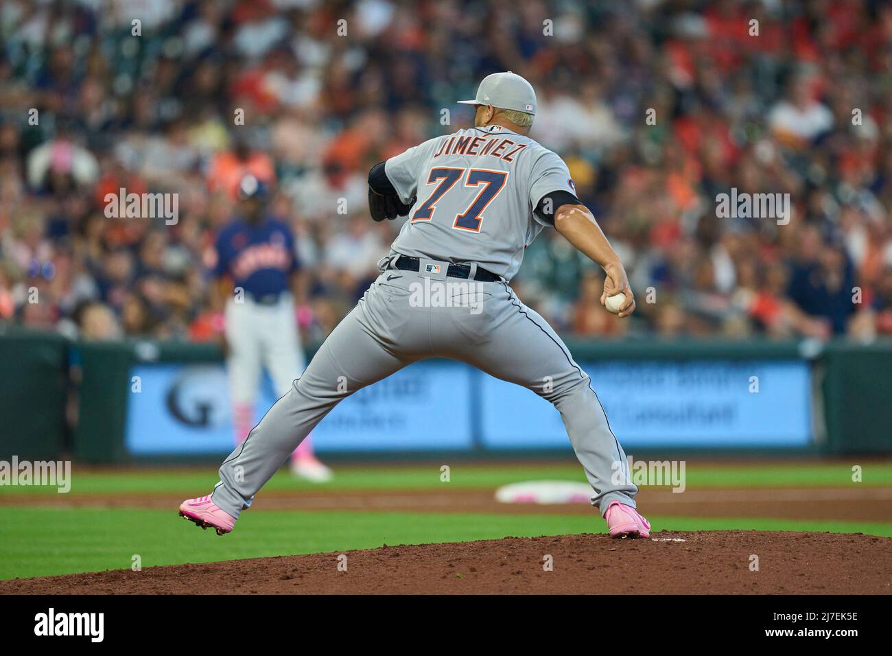 Houston Tx. 08/05/2022, May 8 2022: Detroit pitcher Joe Jimenez (77) throws a pitch during the game with Detroit Tigers and Houston Astros held at Minute Maid Park in Houston Tx. David Seelig/Cal Sport Medi Stock Photo