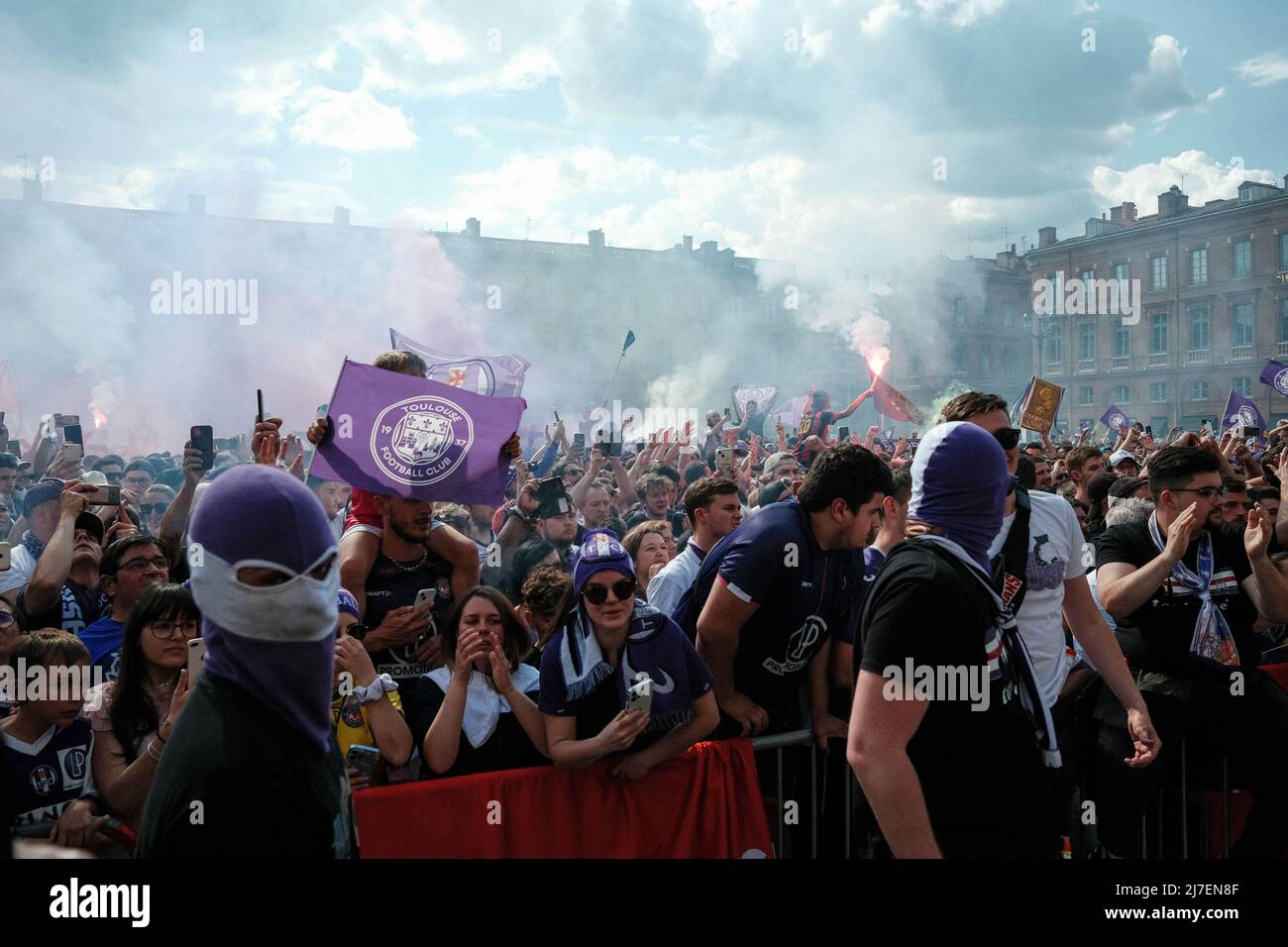 Toulouse, France, May 8, 2022. The day after the match that saw them win  over Nîmes, the TFC (Toulouse Football Club) became French Champion in  Ligue 2 BKT, and were promoted to