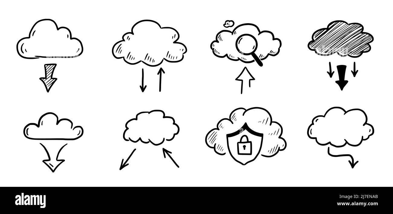 Doodle data server cloud set. Hand drawn sketch style cloud, arrow for ...