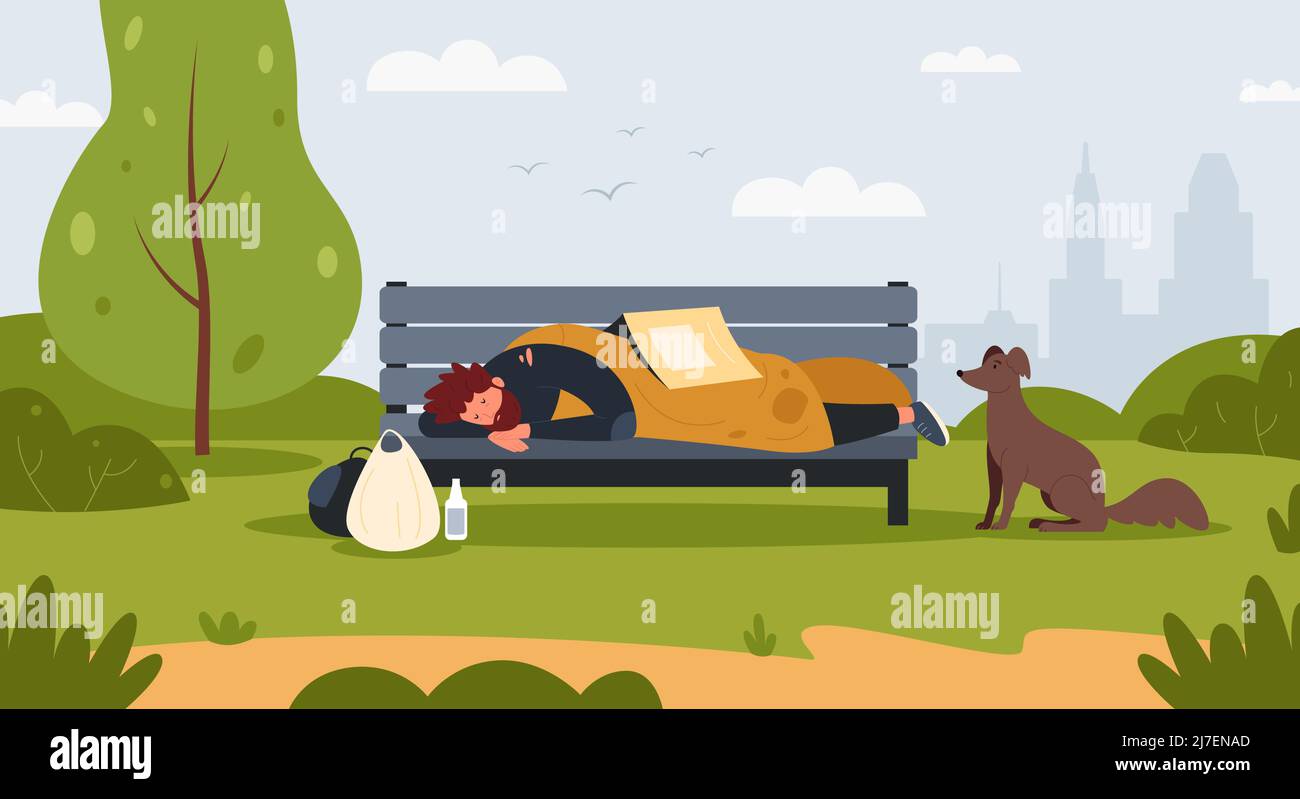 Homeless on street. Cartoon dirty poor man character sleeping outdoor covered with newspapers. Vector homeless person illustration Stock Vector