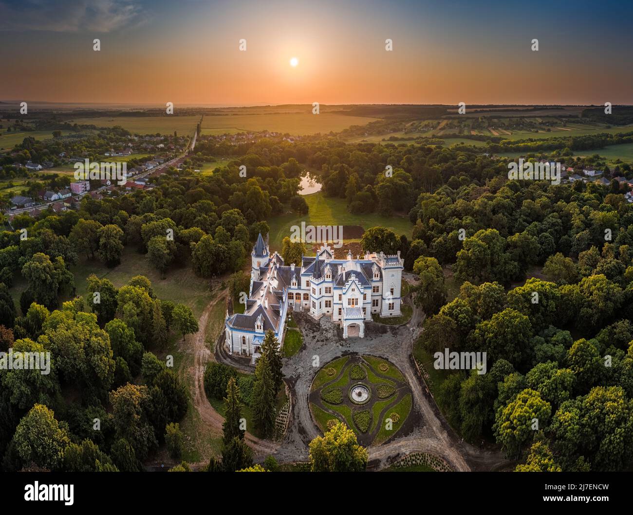 Nadasdladany, Hungary - Aerial panoramic view of the beautiful renovated Nadasdy Mansion (Nadasdy-kastely) at the small village of Nadasdladany with r Stock Photo