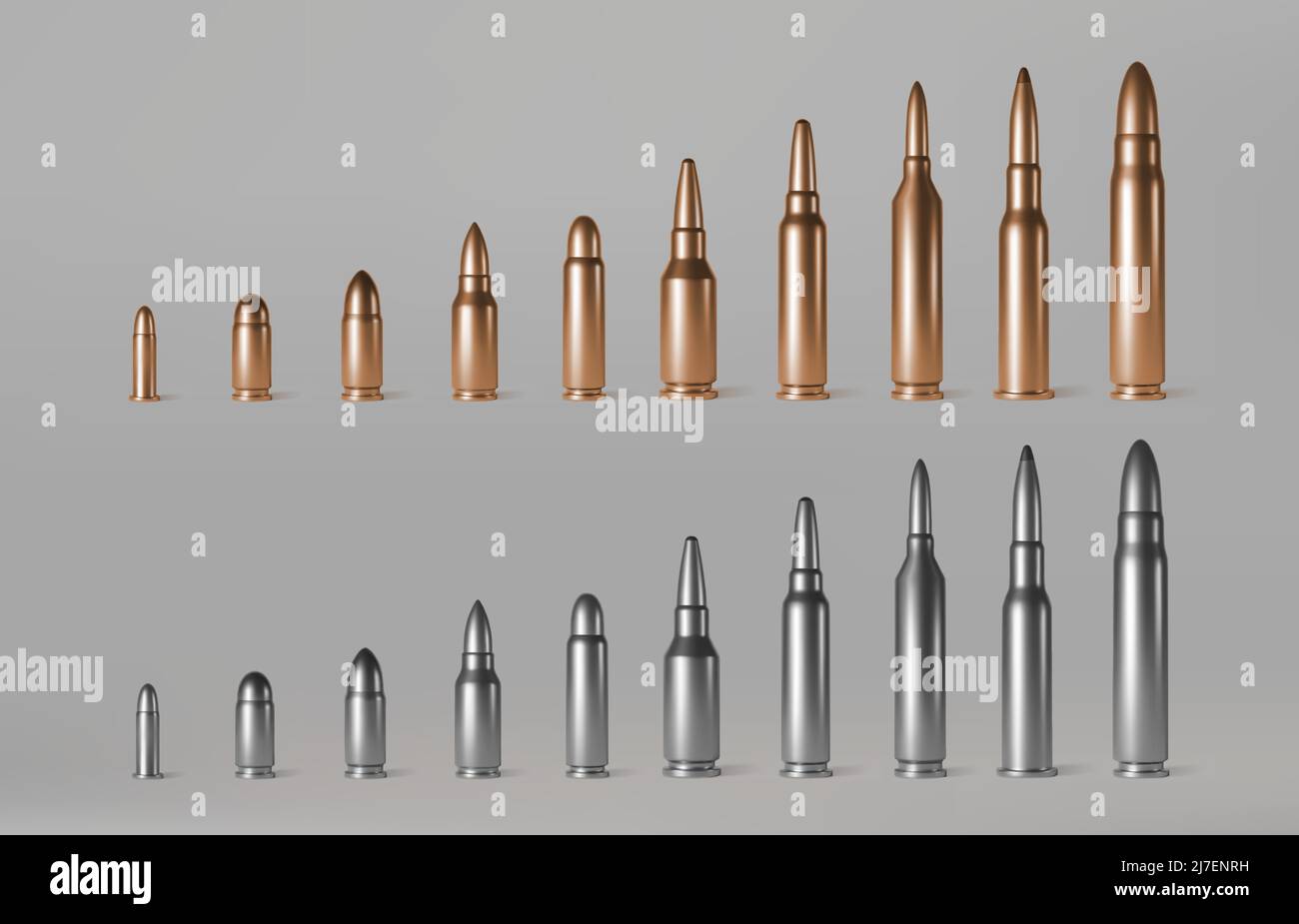 Bullets of different calibers stand in row. Copper, gold or silver