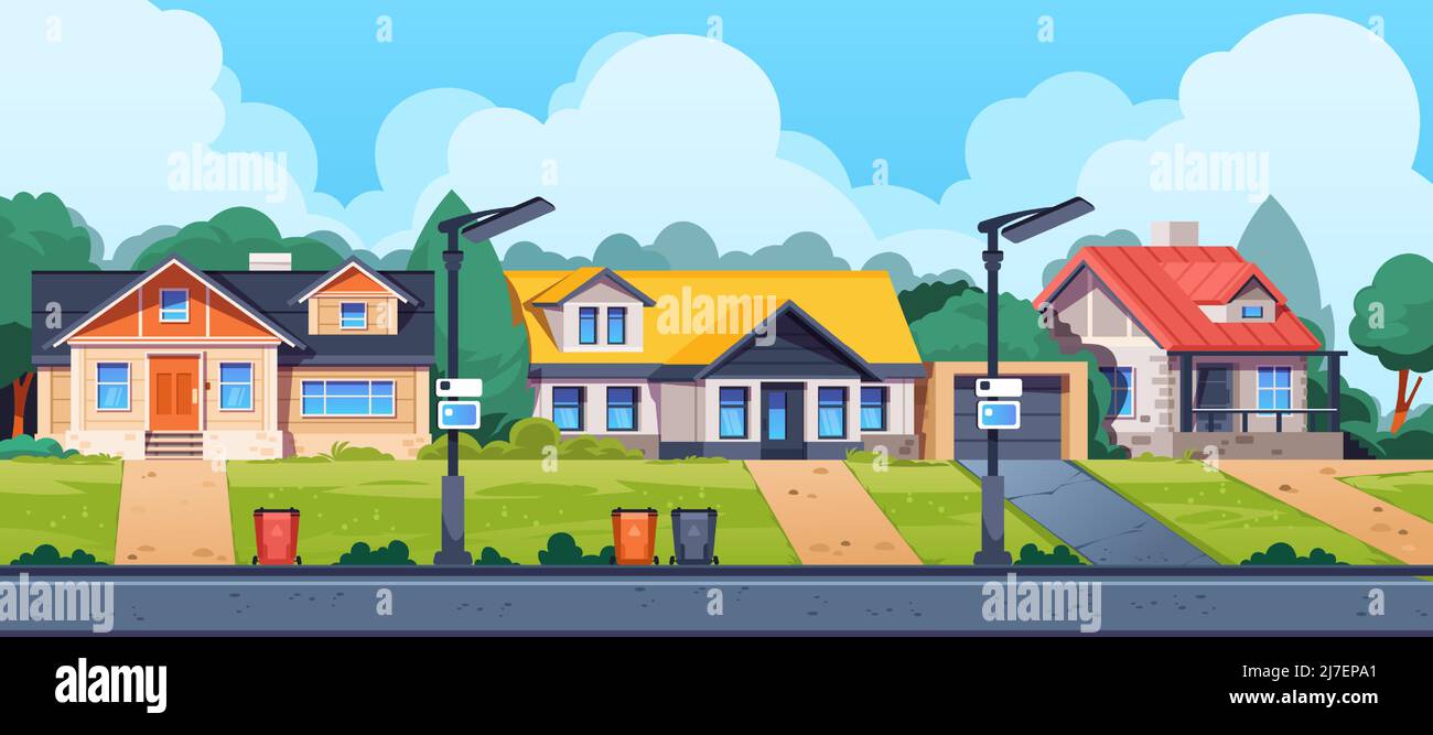 Country houses street. Cartoon suburban cottage building exterior, countryside neighborhood with rural buildings. Vector landscape Stock Vector