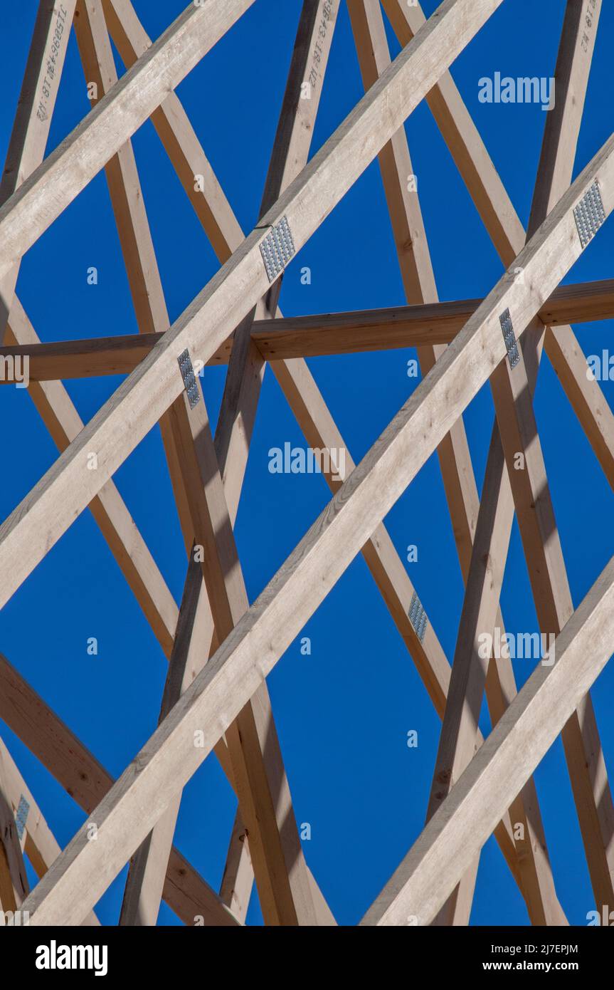 Roof trusses and rafters in new housing construction. Stock Photo