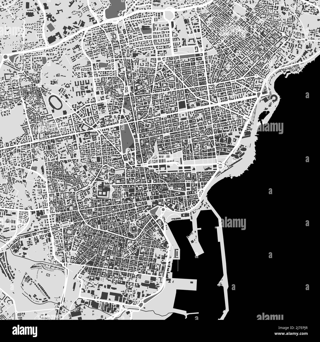 Urban city vector map of Catania. Vector illustration, Catania map grayscale black and white art poster. Street map image with roads, metropolitan cit Stock Vector