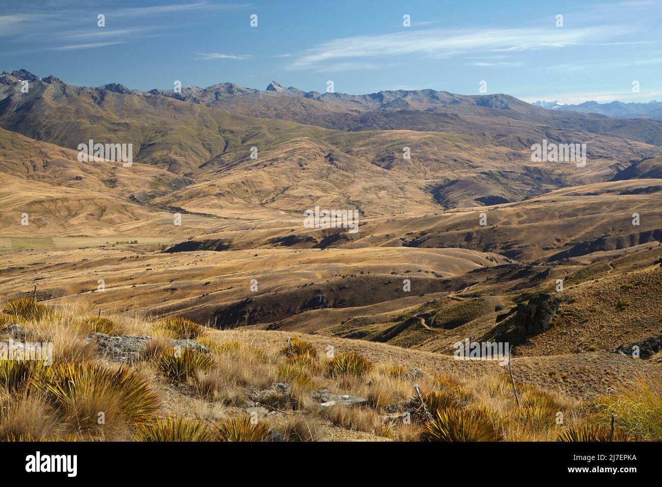 Nevis Valley and Hector Mountains seen from Kopuwai Conservation Area, Old Woman Range, Central Otago, South Island, New Zealand Stock Photo
