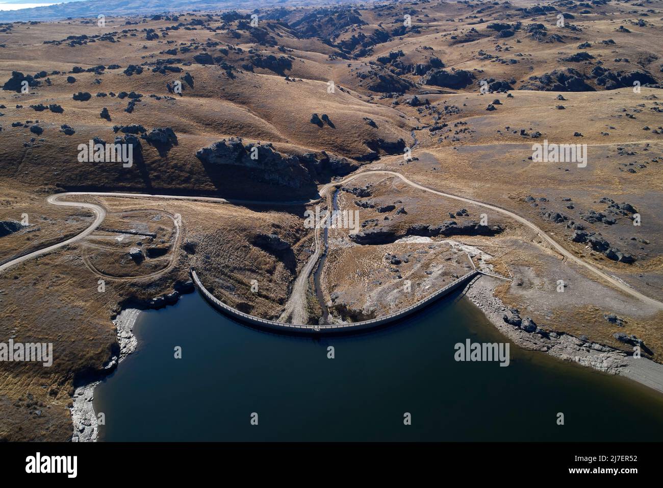 Poolburn Dam, Central Otago, South Island, New Zealand - drone aerial Stock Photo