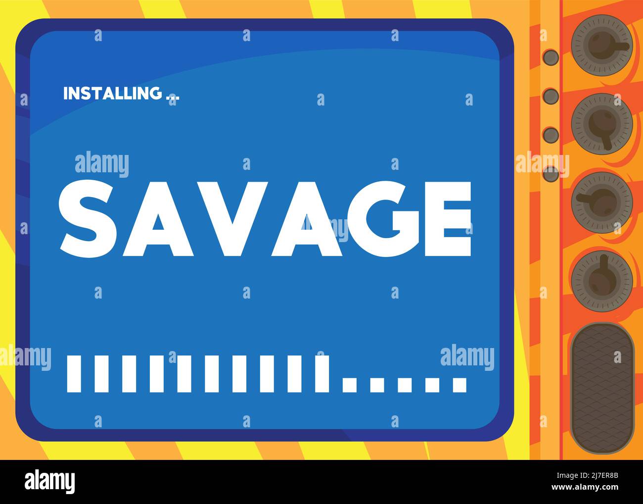 Cartoon Computer With the word Savage. Message of a screen displaying an installation window. Stock Vector