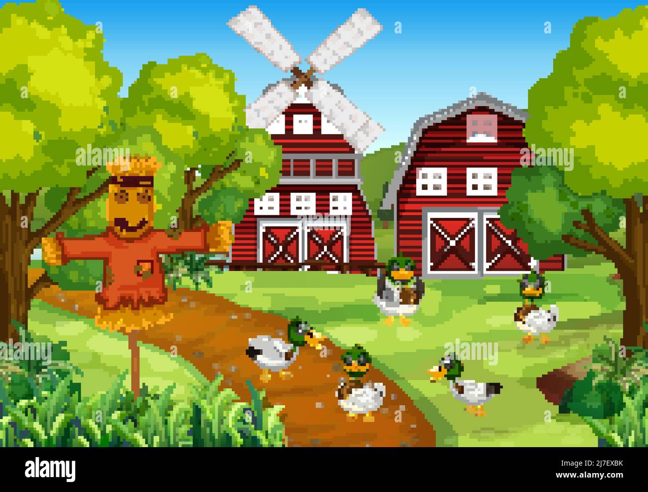 Farm scene with ducks and scarecrow illustration Stock Vector Image ...