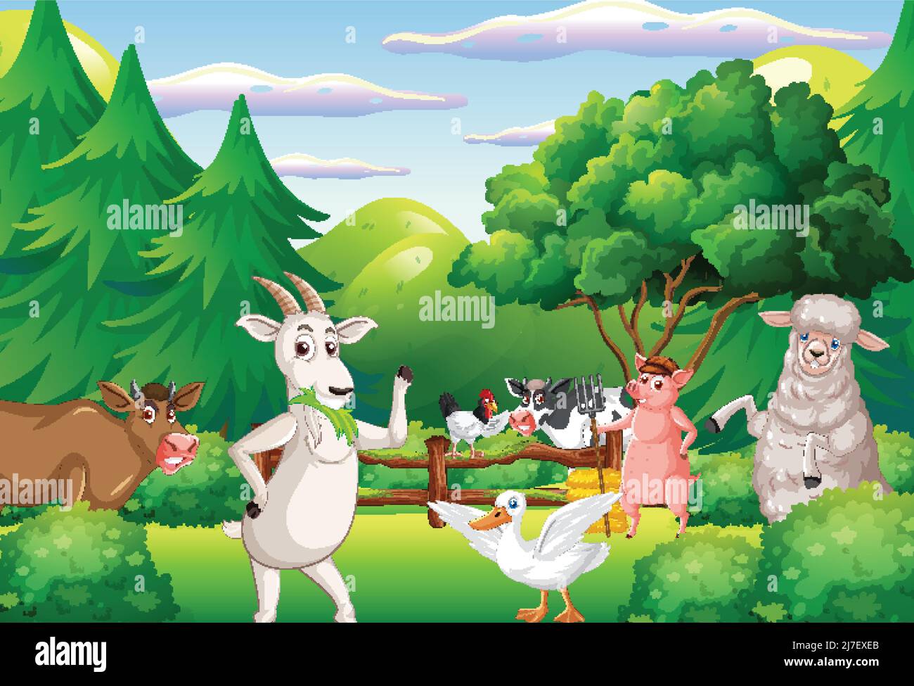 Farm background with happy animals illustration Stock Vector Image ...