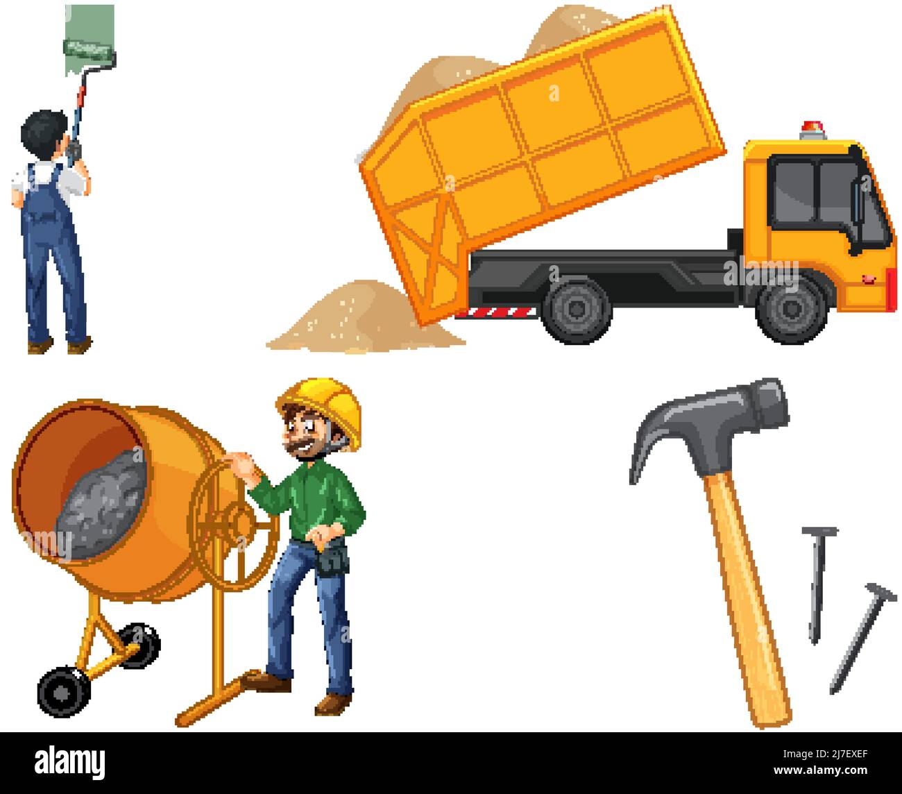 Set of construction site objects and workers illustration Stock Vector