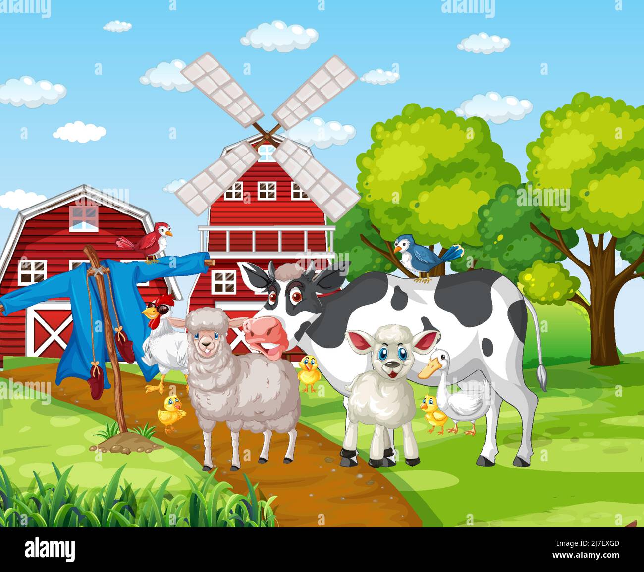 Farming theme with many animals illustration Stock Vector