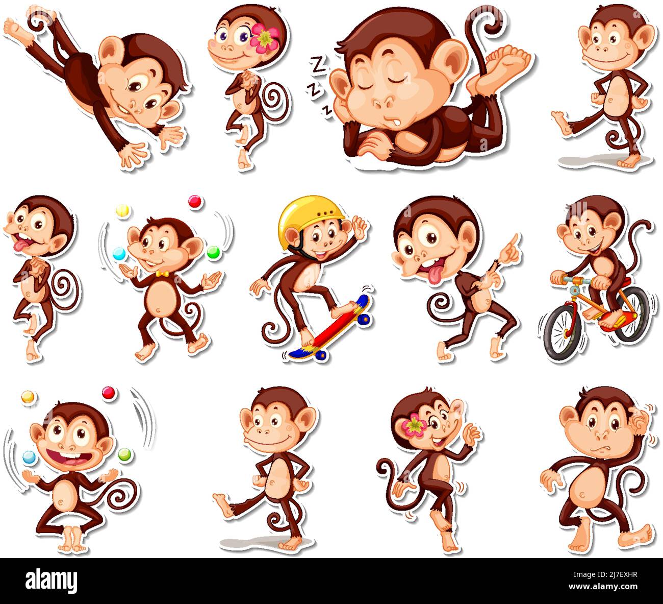 Sticker set of funny monkey cartoon characters illustration Stock ...