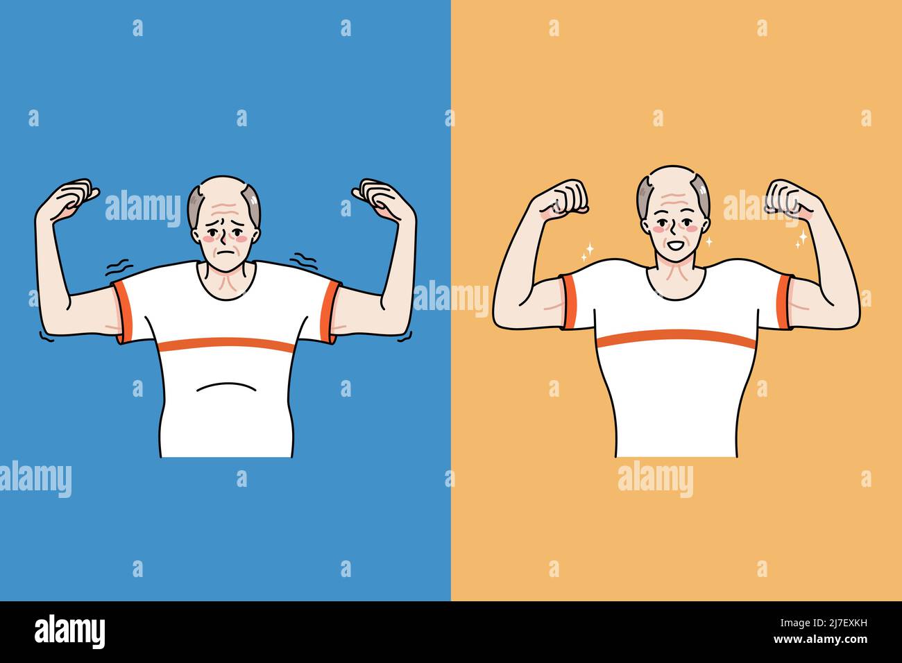 Old man before and after sport and physical activity. Weak and strong senior grandfather life