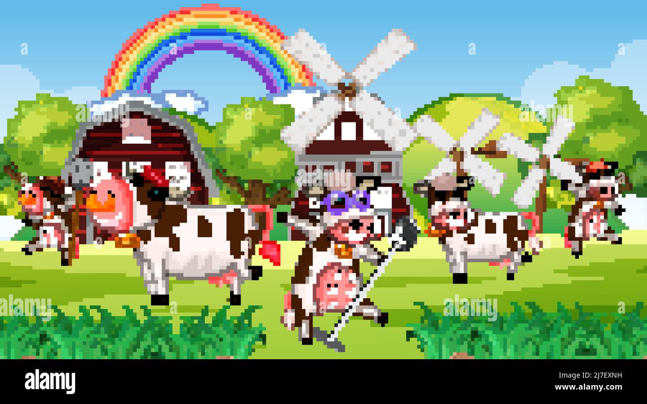 Farm scene with happy cows illustration Stock Vector Image & Art - Alamy